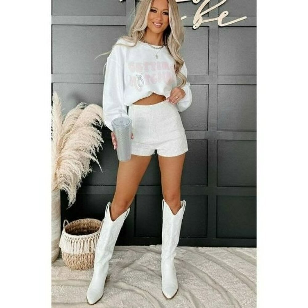 Got A Reputation High Waisted Rhinestone Diamond Shorts in White - Picture 10 of 10